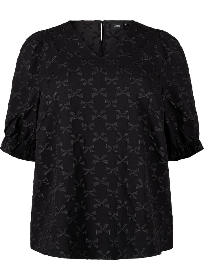 Kortermet jacquard-bluse med sløyfer, Black W. Bow, Packshot image number 0