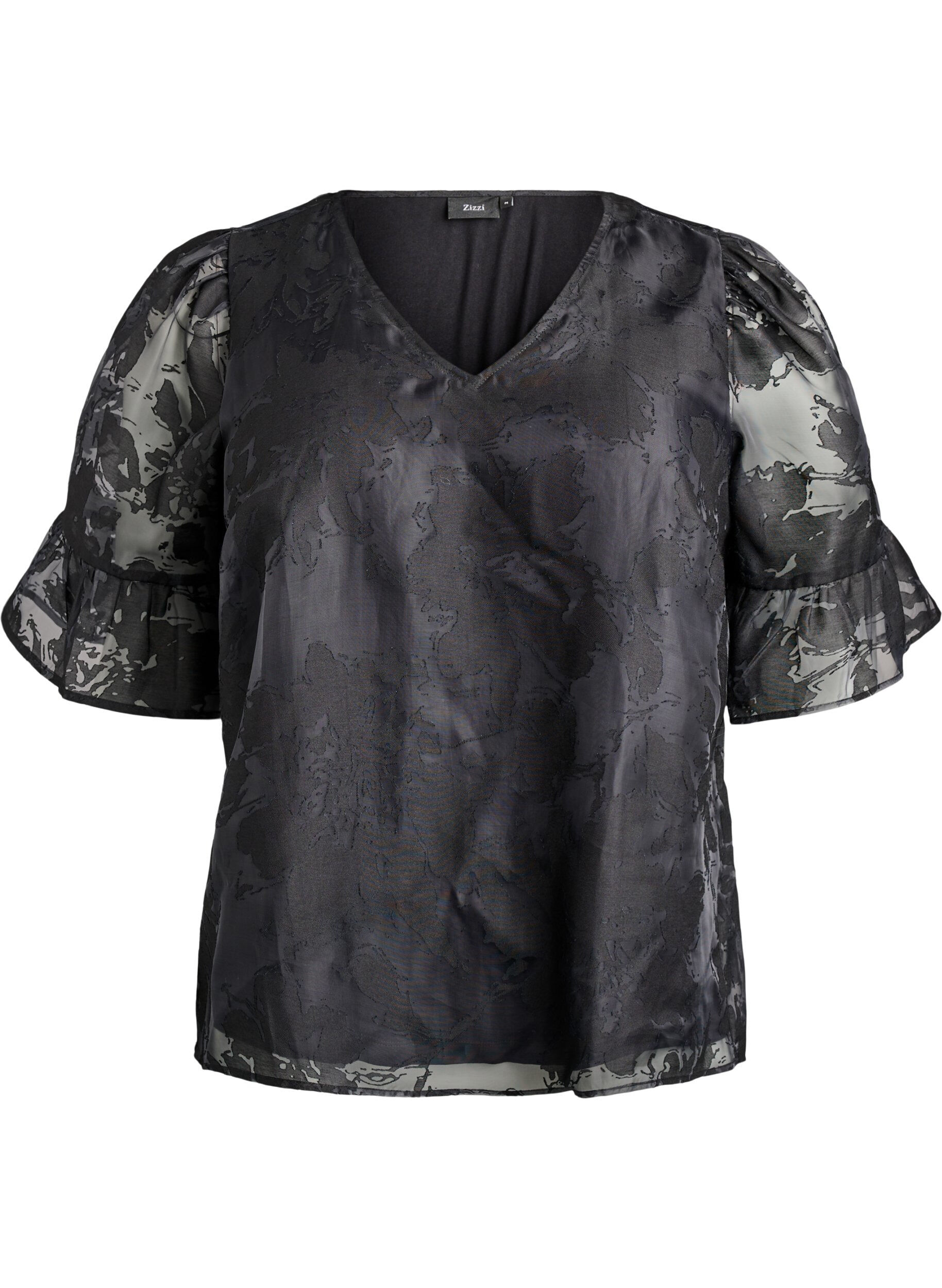 Festbluse med organza-utseende og et tone-p&aring;-tone-m&oslash;nster