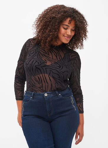 Bluse i mesh med mønster, Black Tiger AOP, Model image number 0