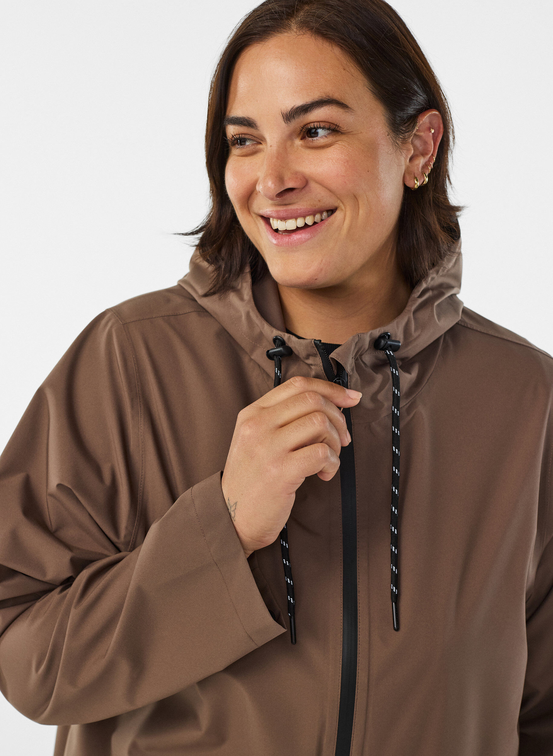 ZizziRegnjakke med lommer og hette, Brun, Model image number 3