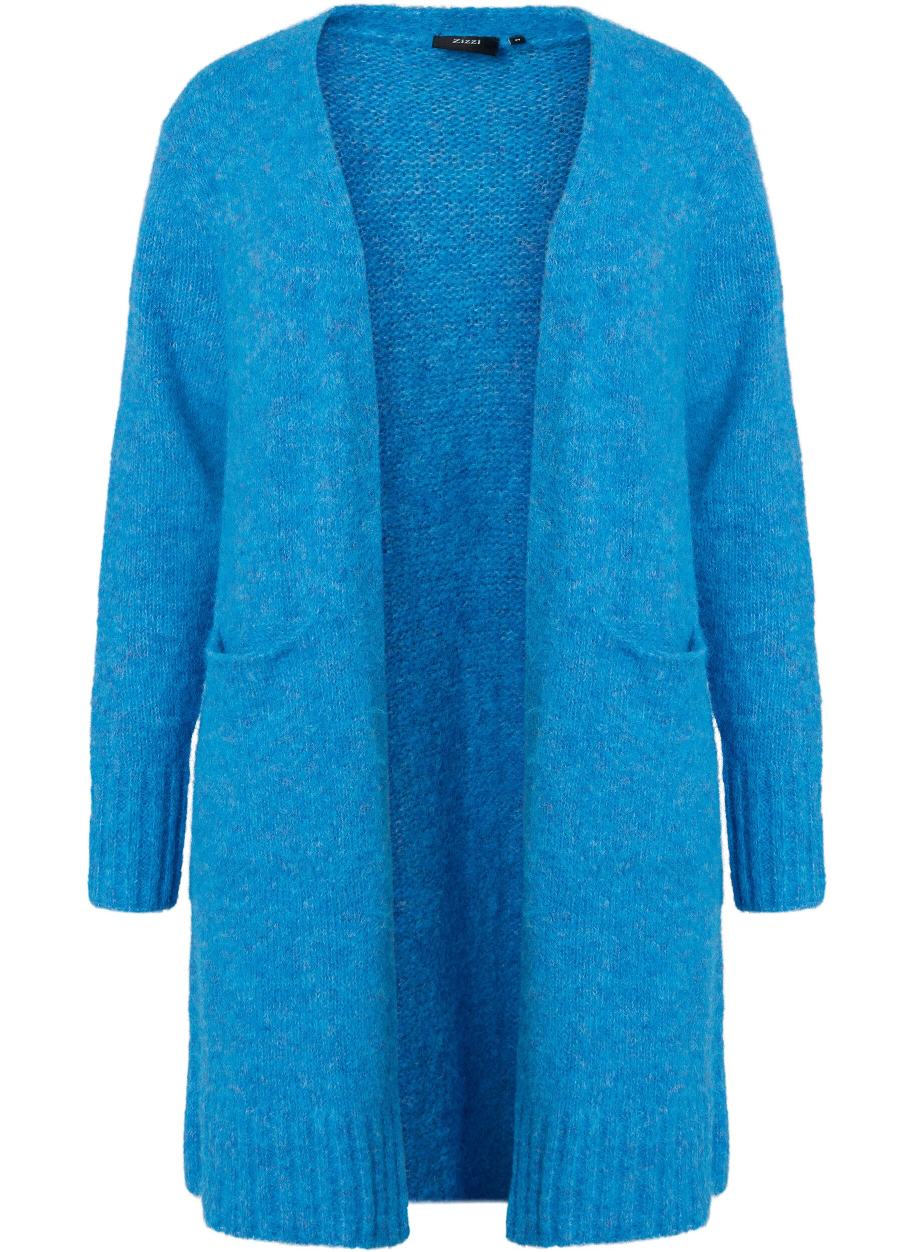 Zizzi Lang strikket cardigan i ull med lommer, French Blue, Packshot image number 0