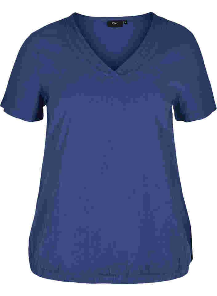 Kortermet bomullsbluse med V-hals, Twilight Blue, Packshot image number 0