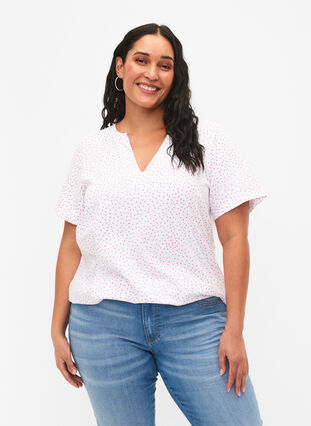 T-skjorte i bomull med striper og v-hals , B.White/S. Pink Dot, Model image number 0