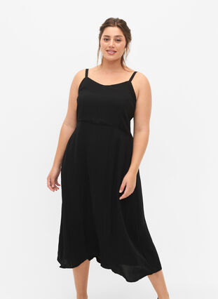 Ensfarget kjole med stropper i viskose med smock, Black, Model image number 3