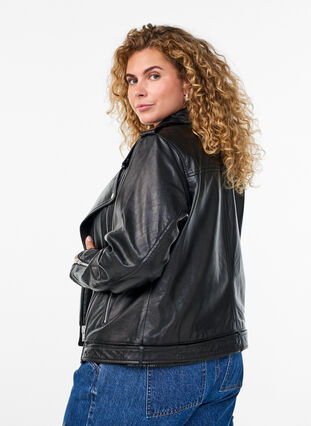 Zizzi Skinn bikerjakke med belte, Black, Model image number 1