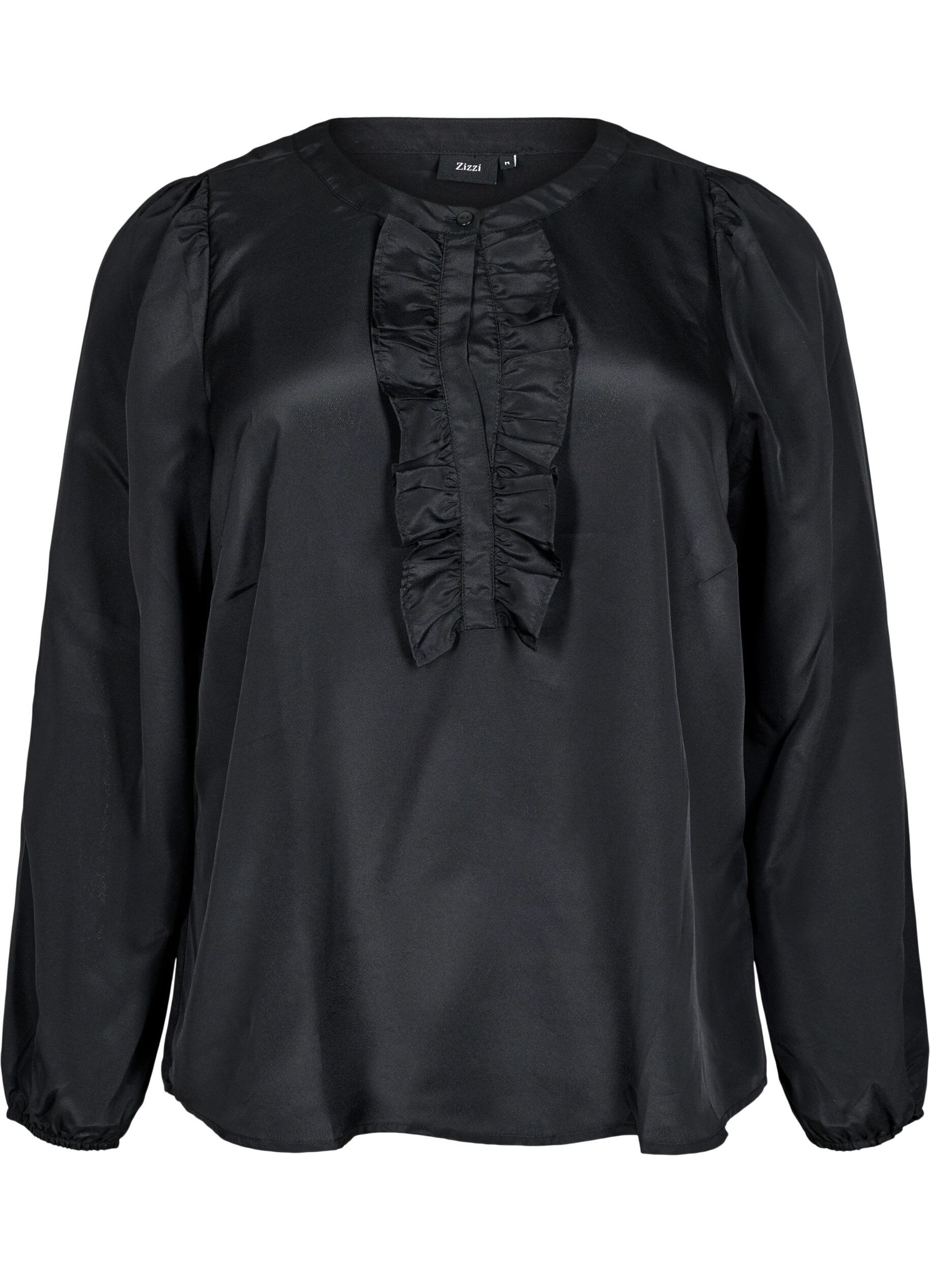 Zizzi Satinbluse med volangdetaljer, Black, Packshot image number 0