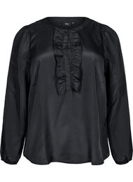 Satinbluse med volangdetaljer, Black