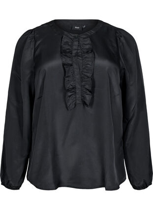 Zizzi Satinbluse med volangdetaljer, Black, Packshot image number 0