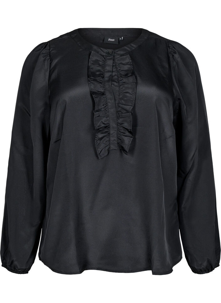 Satinbluse med volangdetaljer, Black, Packshot image number 0