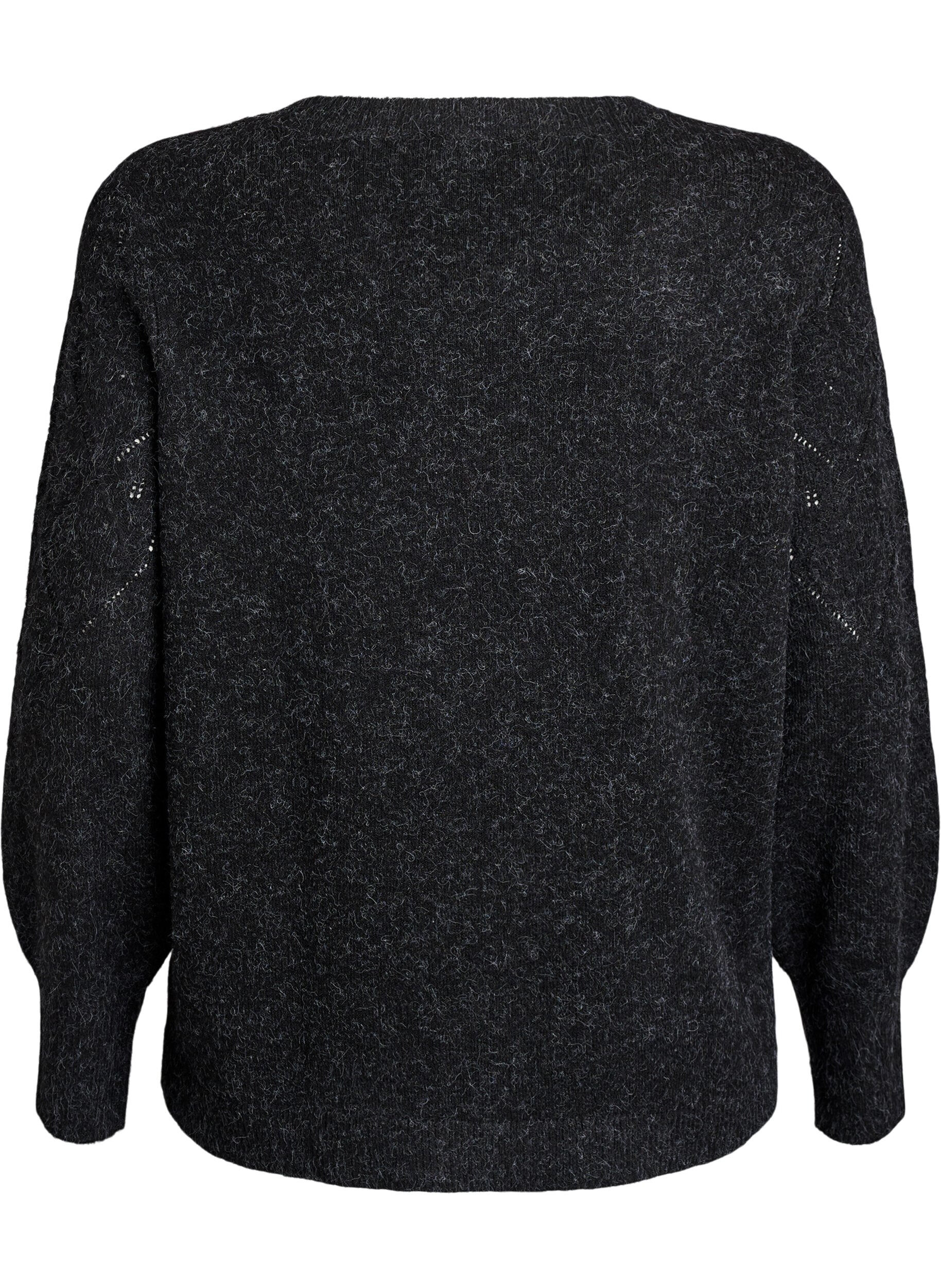 Zizzi Strikket topp med hullm&oslash;nster og ballongermer, Gr&aring;, Packshot image number 1