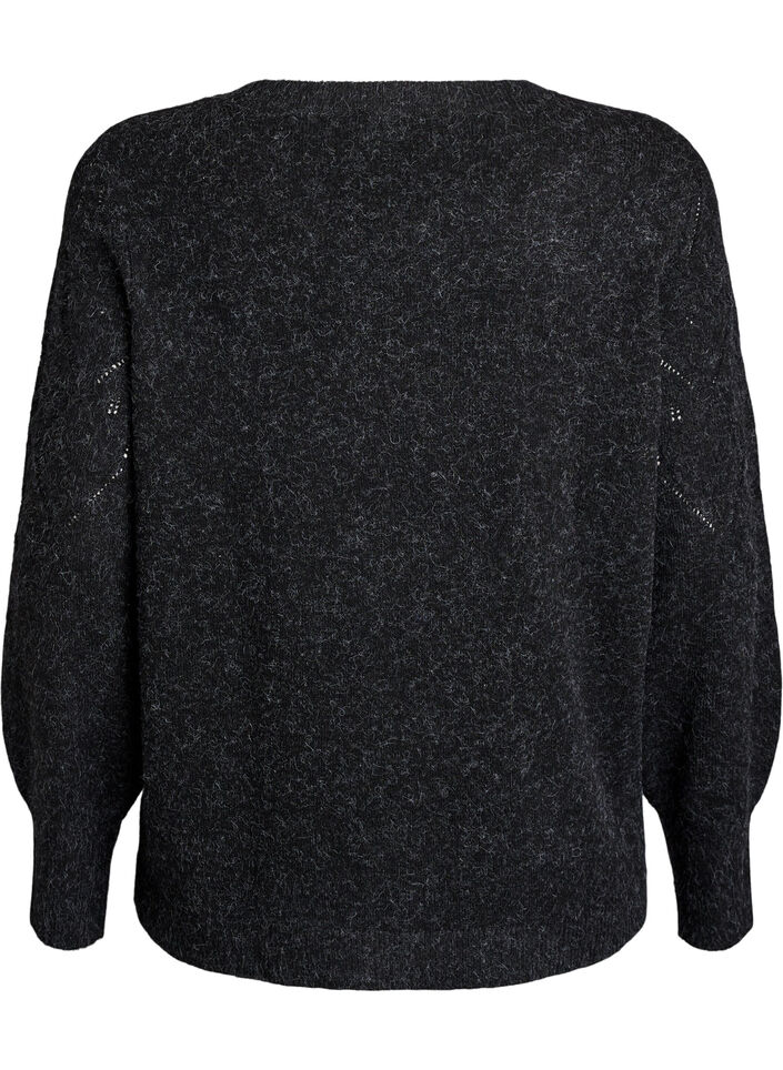 Strikket topp med hullmønster og ballongermer, Grå, Packshot image number 1