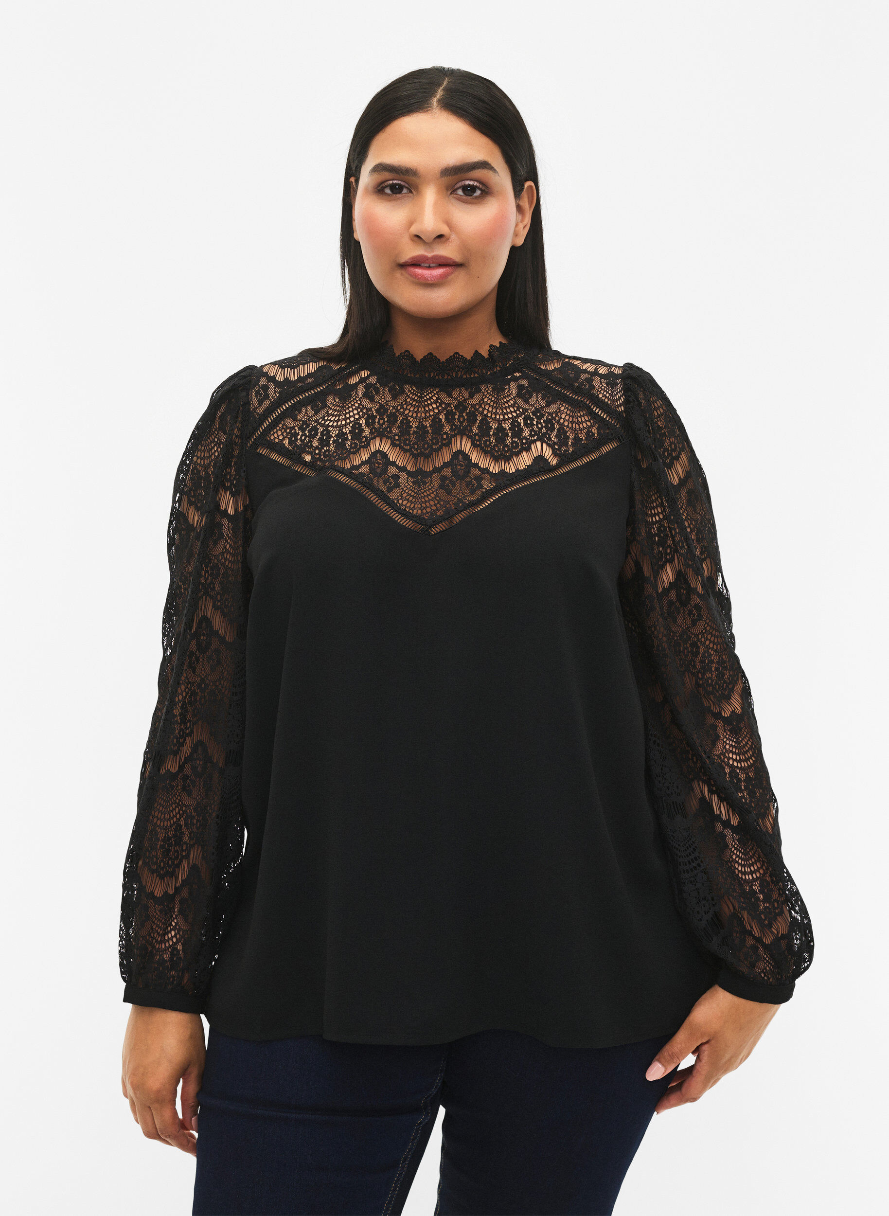 Zizzi Langermet bluse med blonder, Black, Model image number 0
