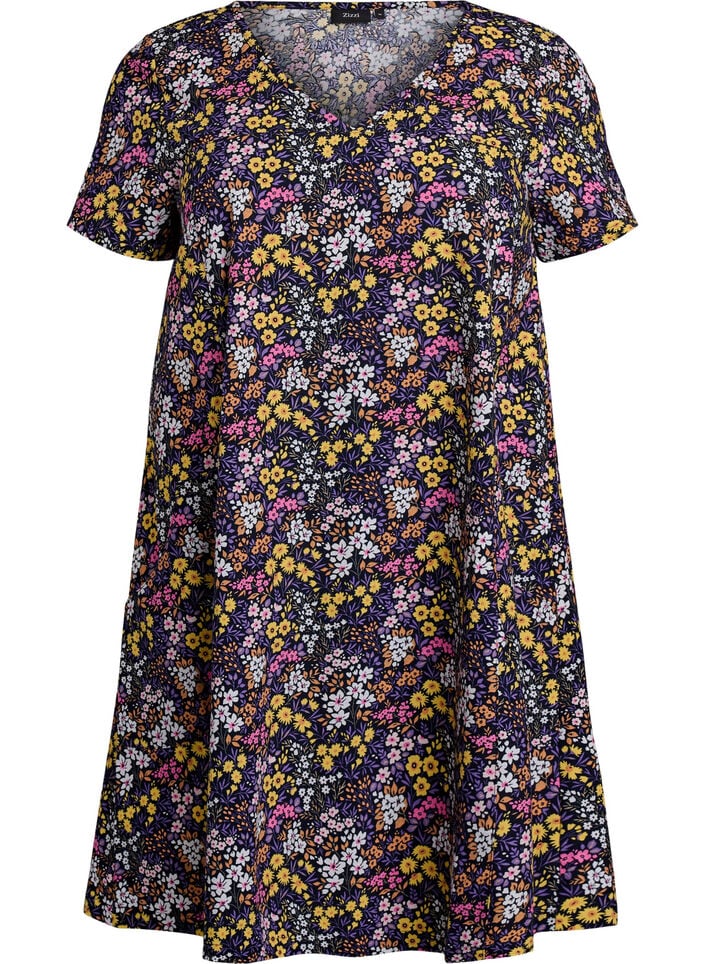 Kort A-linje kjole med blomstertrykk, Bl&aring;, Packshot image number 0
