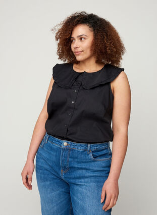 Ermeløs skjorte med stor krage, Black, Model image number 0