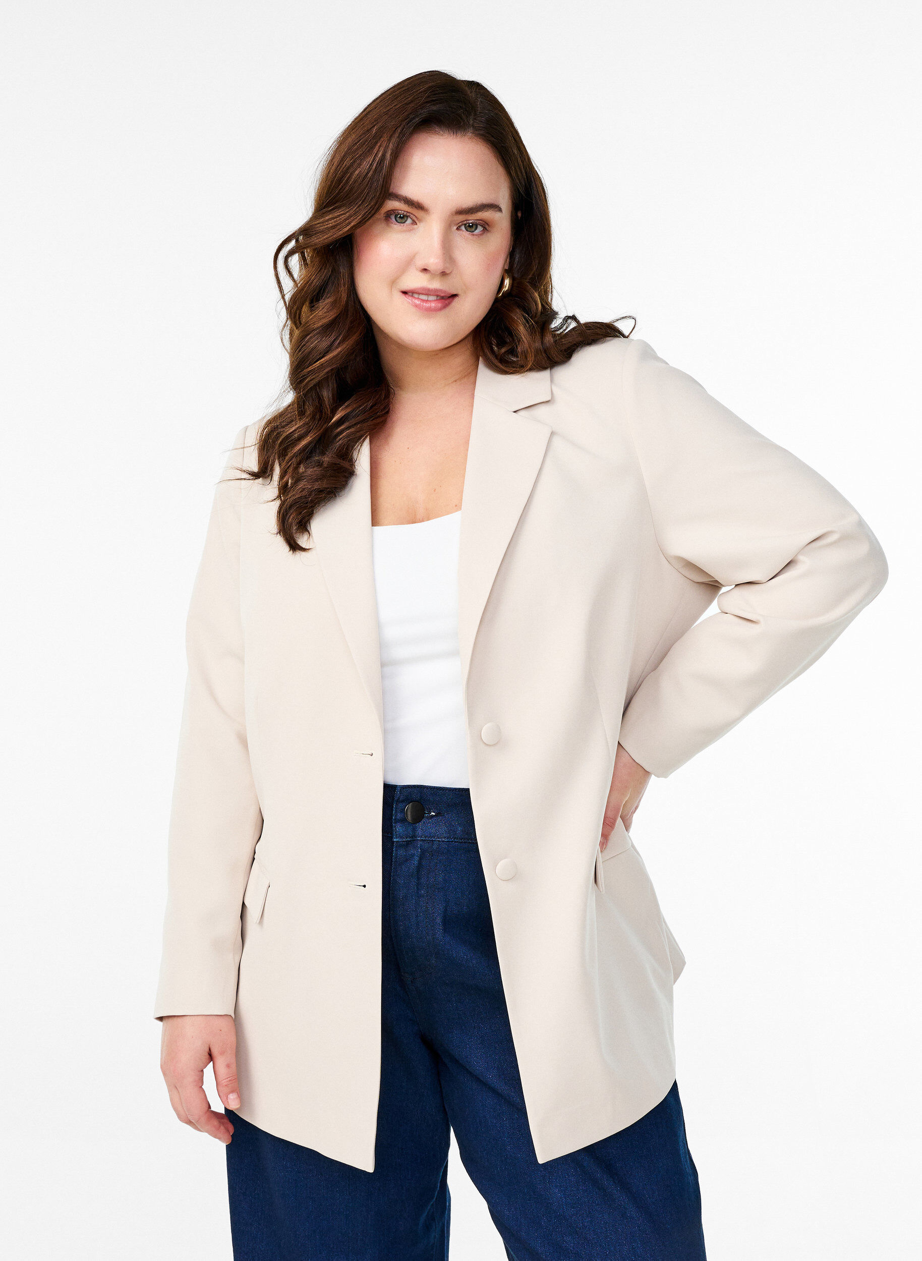 Klassisk blazer med knappelukking, Beige, Model