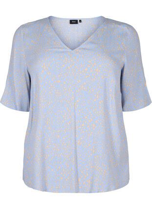 Zizzi Bluse i viskose med V-hals og trykk, Blå, Packshot image number 0