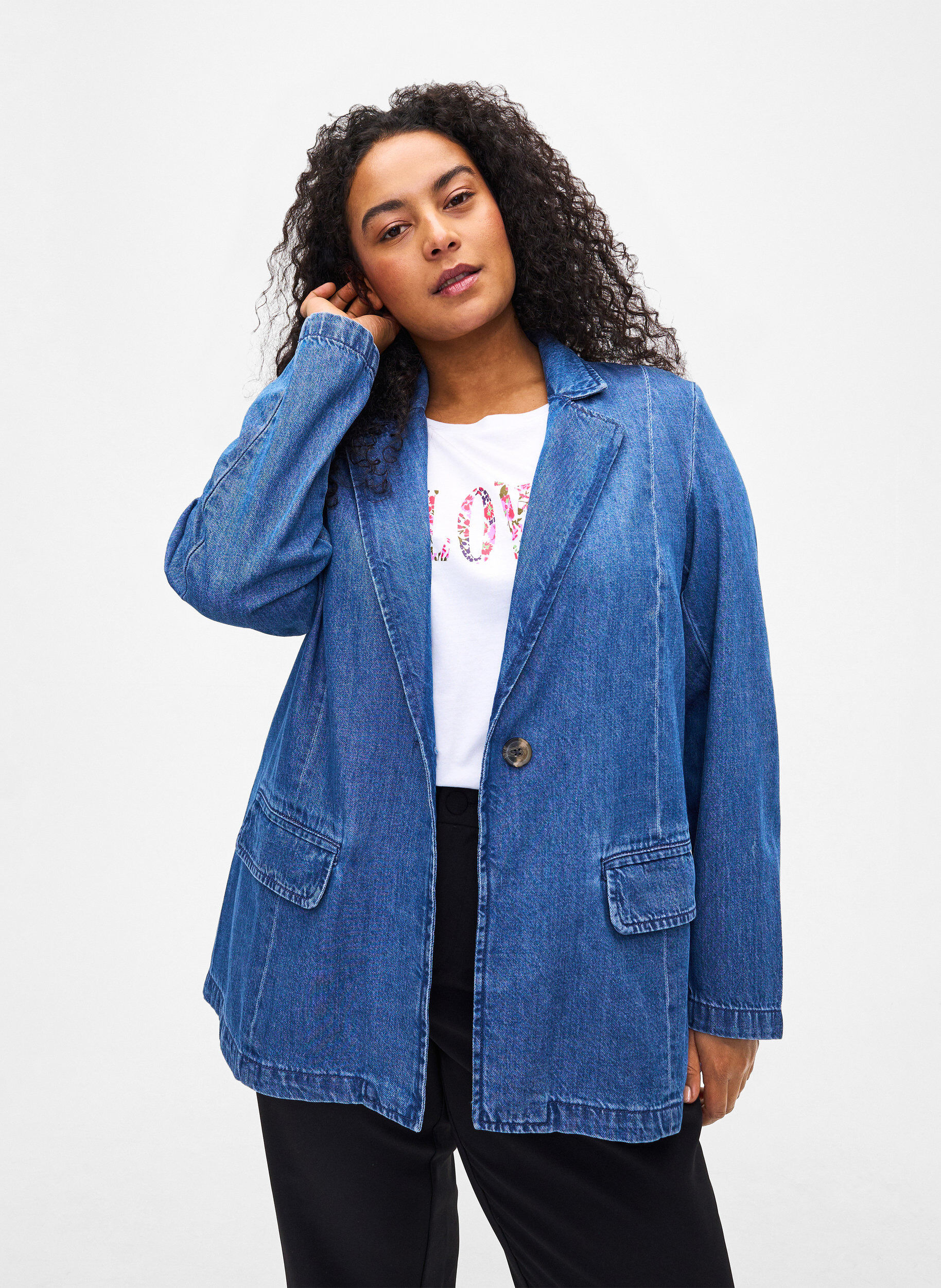 Zizzi Denimblazer med lommer, Blue Denim, Model image number 0