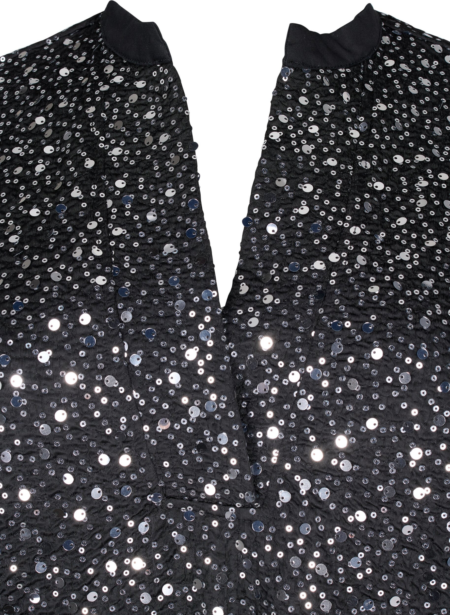 Zizzi Paljettkjole med V-hals og 3/4 ermer, Black w. Sequins, Packshot image number 2