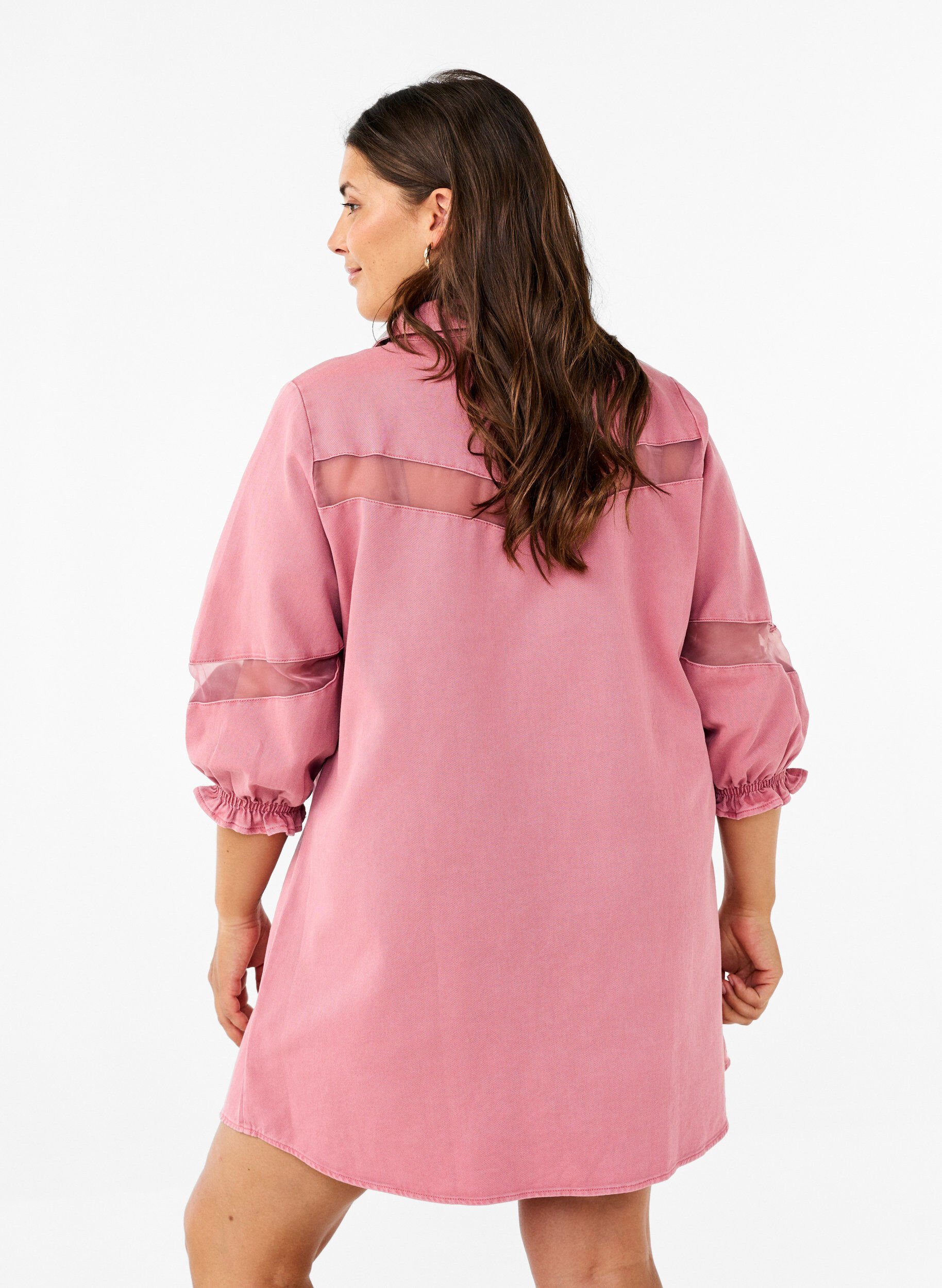 Zizzi Skjortekjole i farget denim med mesh detaljer, Heather Rose, Model image number 1