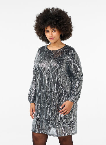 Zizzi Langermet paljettkjole med mønster, Silver Sequins, Model image number 0