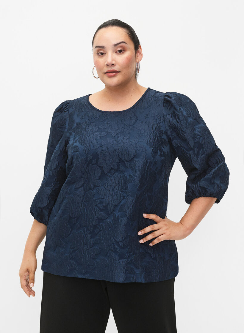 Jacquard-bluse med 3/4-ermer, Titan, Model image number 0