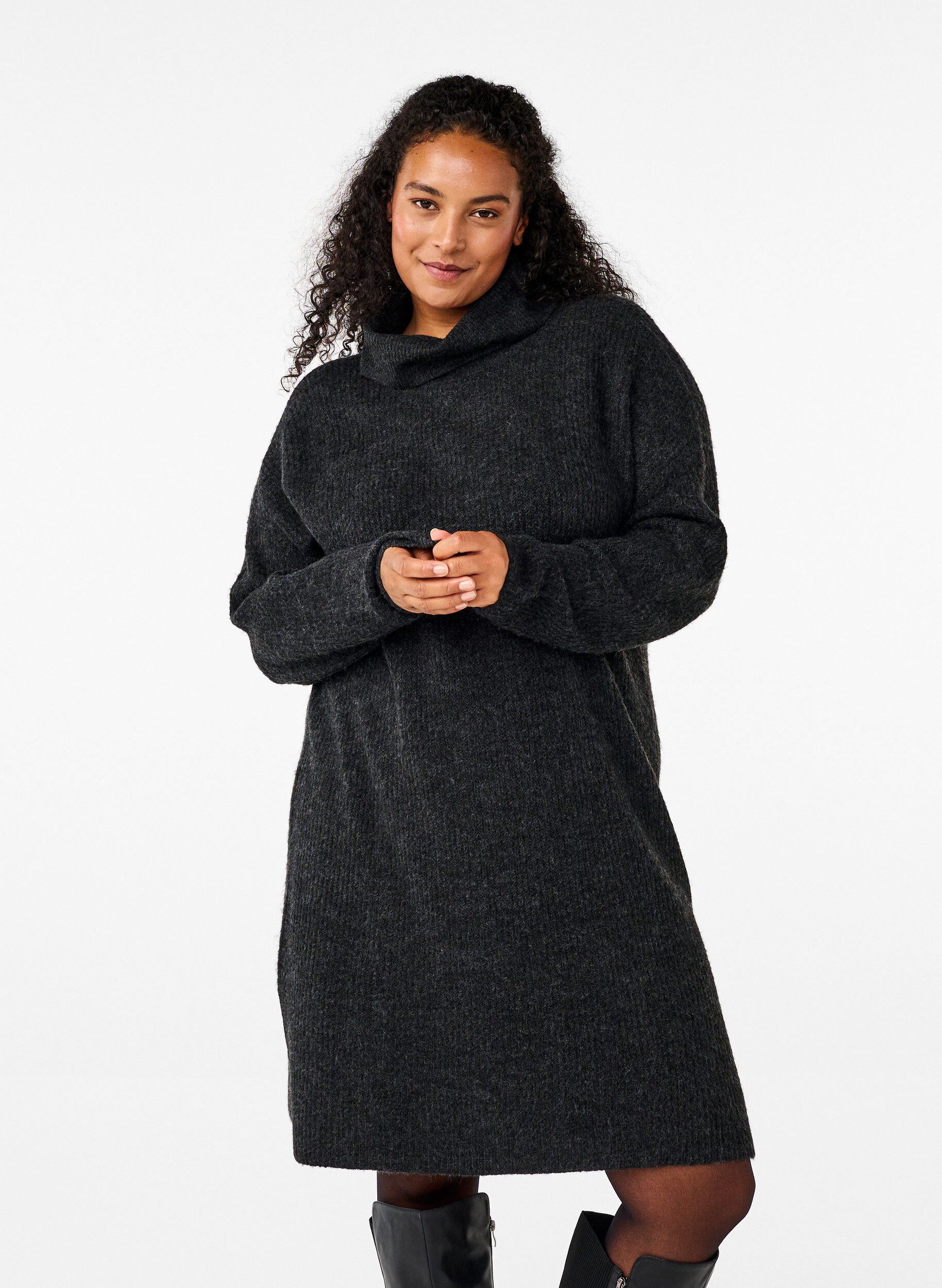 ZizziStrikket kjole med h&oslash;y hals, Gr&aring;, Model image number 0