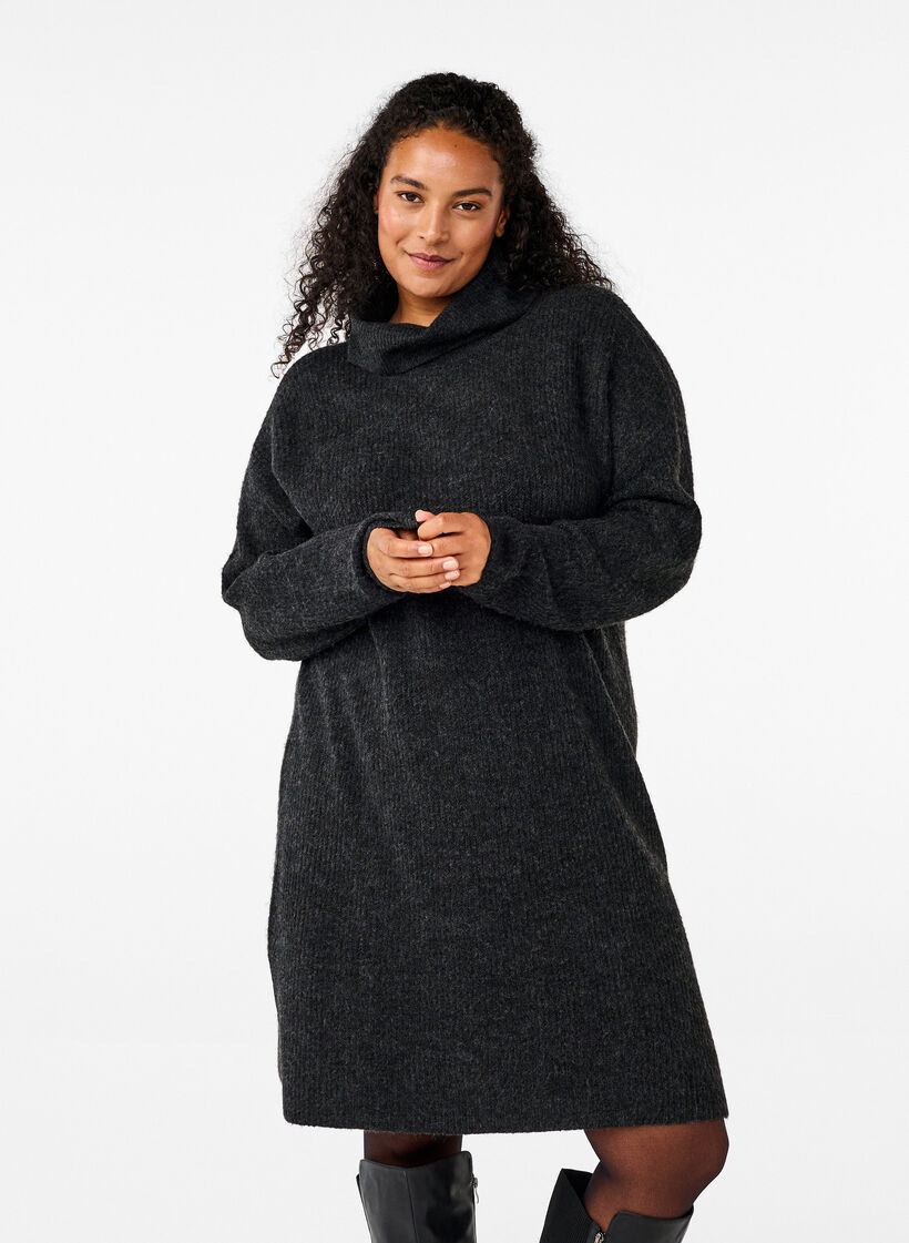 Strikket kjole med h&oslash;y hals, Gr&aring;, Model image number 0