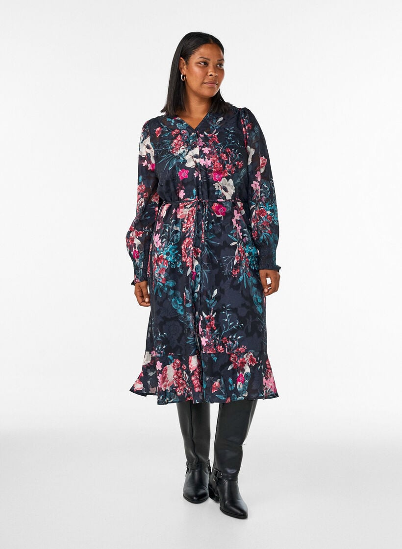 Blomstret midikjole med vevd tekstur og knytebelte, Svart, Model image number 0