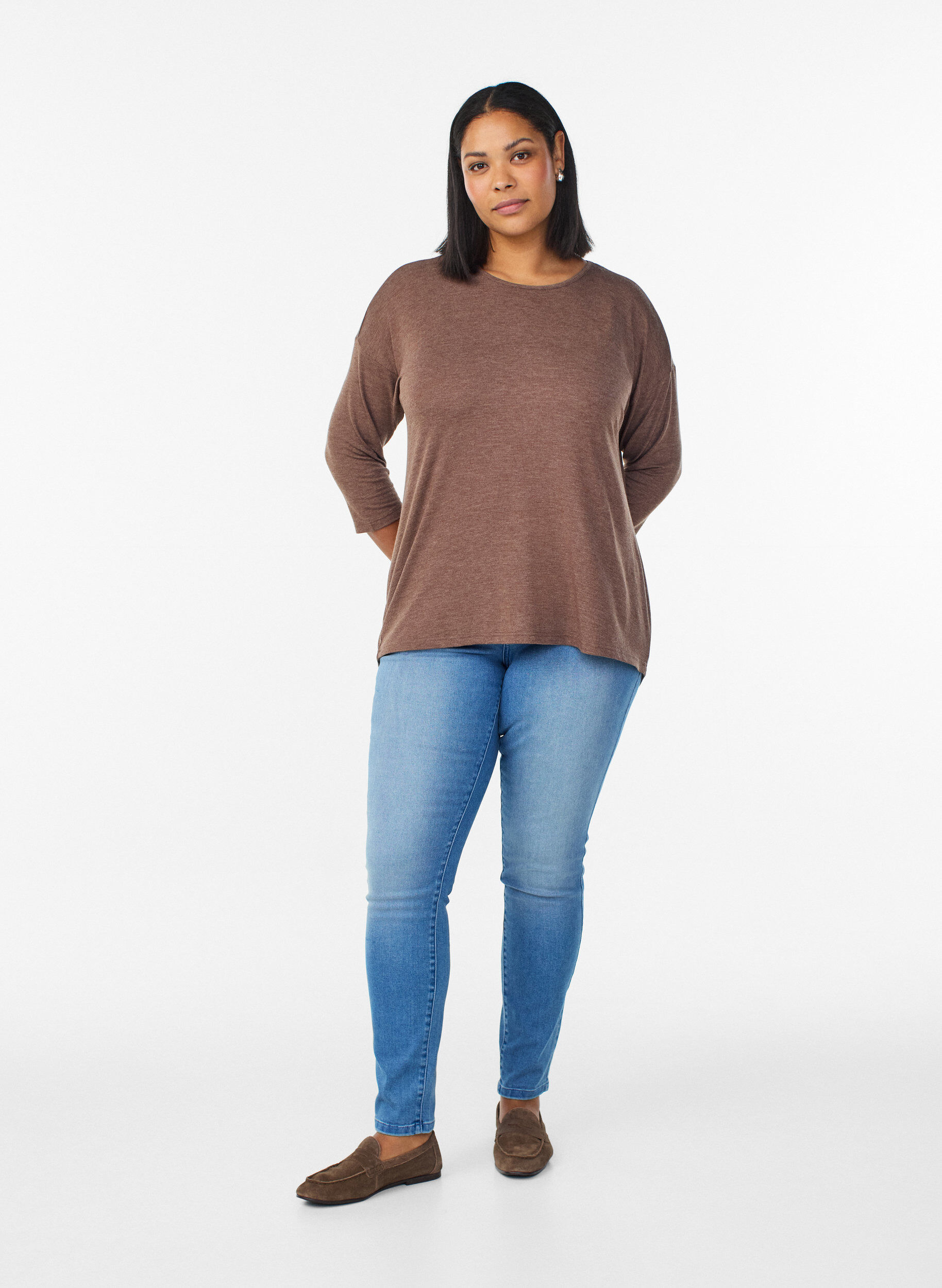 Zizzi Jersey bluse med 3/4 ermer, Brun, Model image number 1
