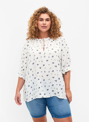 Blomstret viskosebluse med halvlange ermer, Bright White Flower, Model image number 0