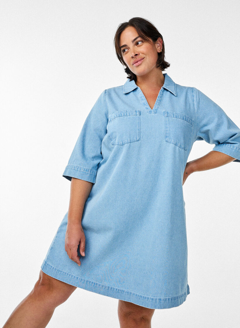 Kort denimkjole med krage og V-hals, Blå, Image image number 0