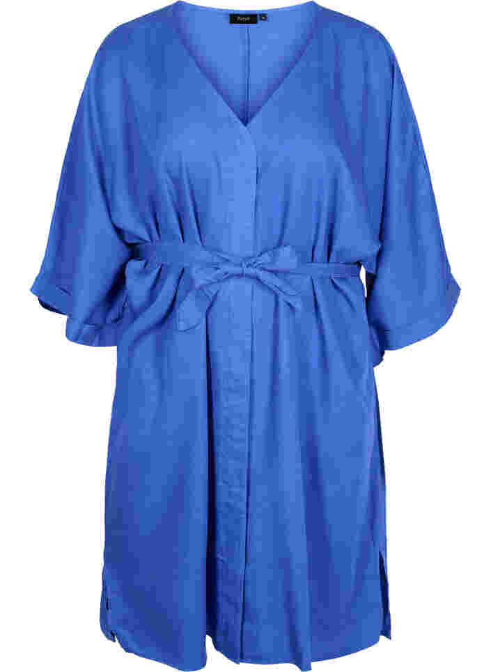 Kjole med 3/4-ermer og knyting, Dazzling Blue, Packshot image number 0