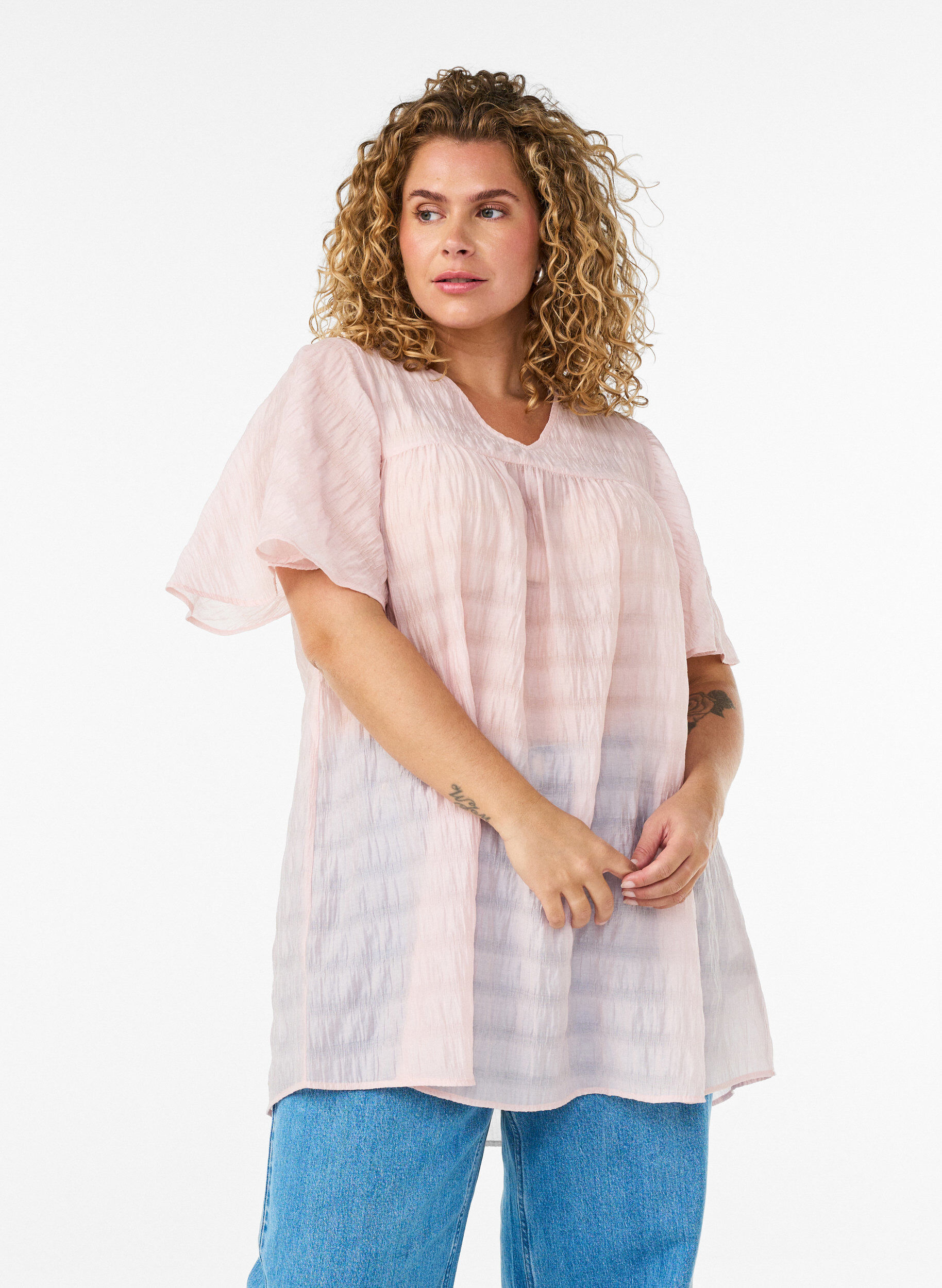 ZizziTunika i lyocell med flagrende ermer, Rosa, Model image number 0