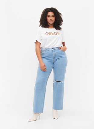 Gemma jeans med høyt liv og hull på kneet, Ex Lgt Blue, Model image number 0