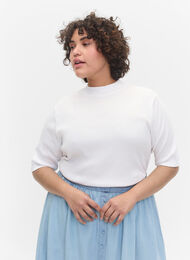 Høyhalset bluse i bomull med 2/4-ermer, Bright White, Model