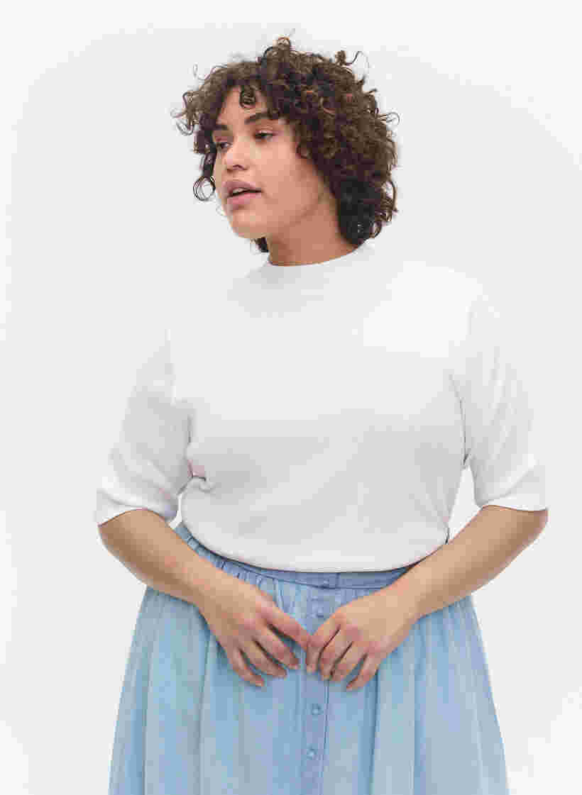 Høyhalset bluse i bomull med 2/4-ermer, Bright White, Model image number 0