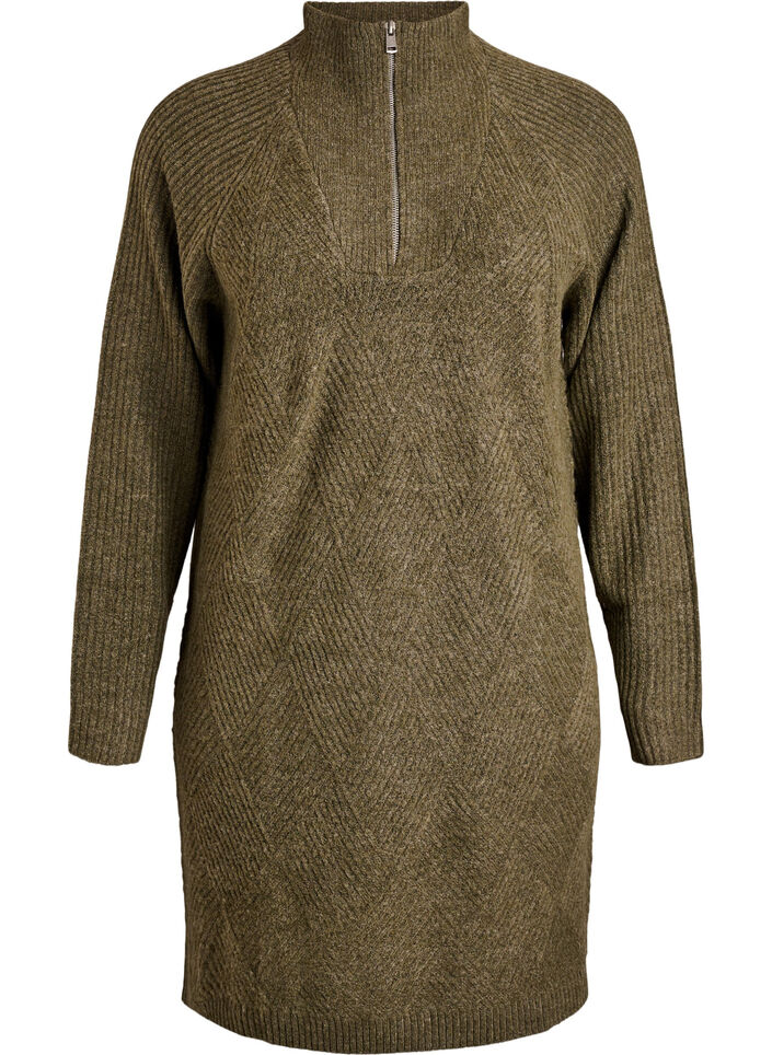 Knelang strikkekjole med høy hals, Grønn, Packshot image number 0