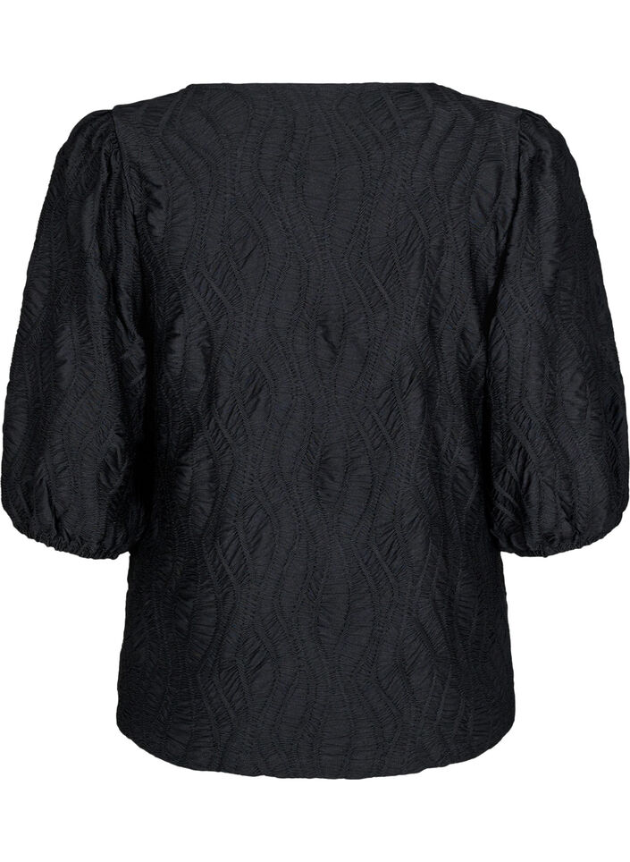 Bluse med tekstur og 3/4-ermer, Svart, Packshot image number 1