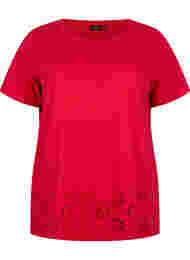 T-skjorte i bomull med broderi anglaise, Tango Red