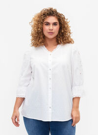 Strukturmønstret skjortebluse med engelsk broderi , Bright White, Model