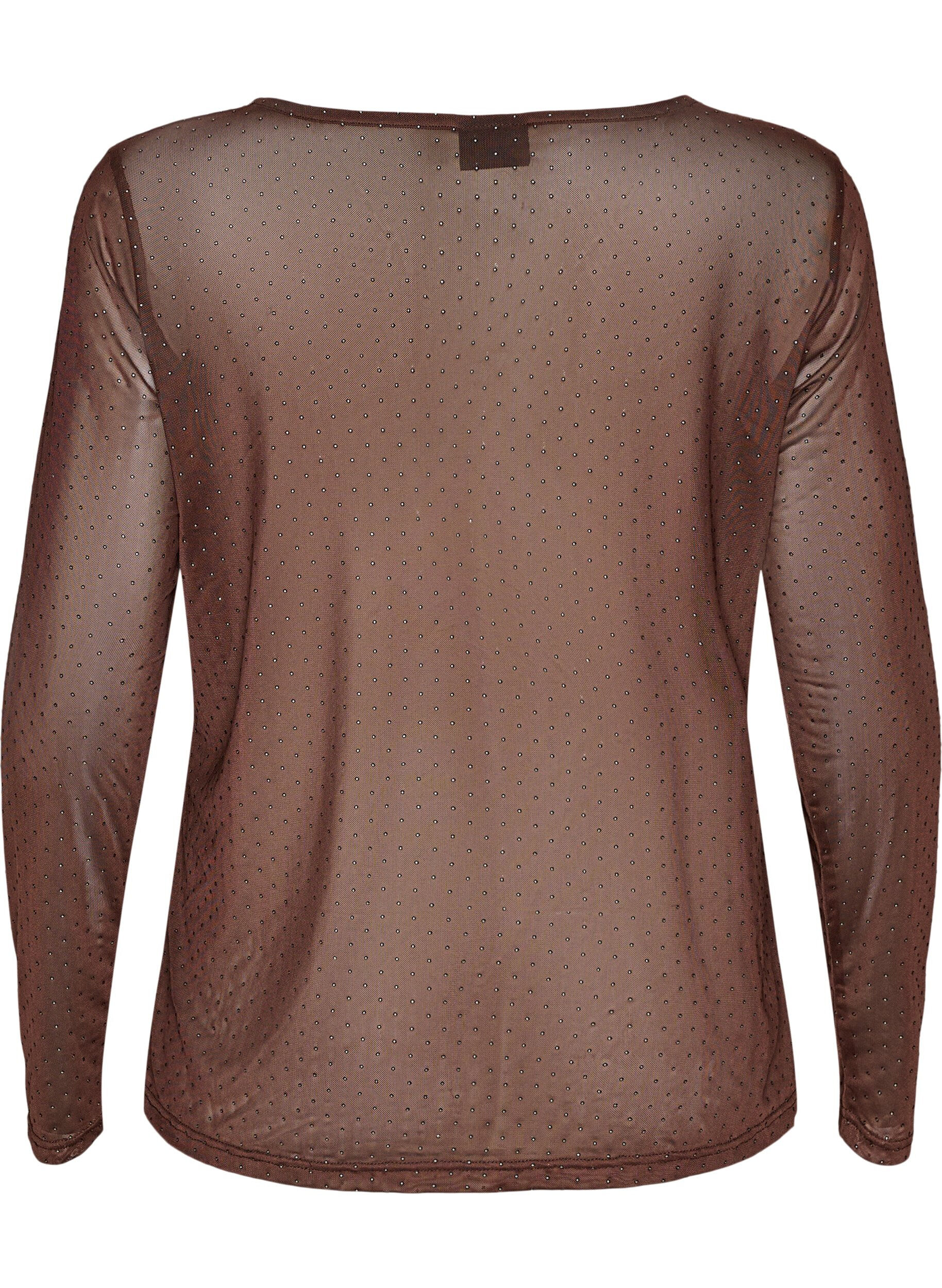 ZizziGjennomsiktig meshbluse med rhinesteiner, Brun, Packshot image number 1