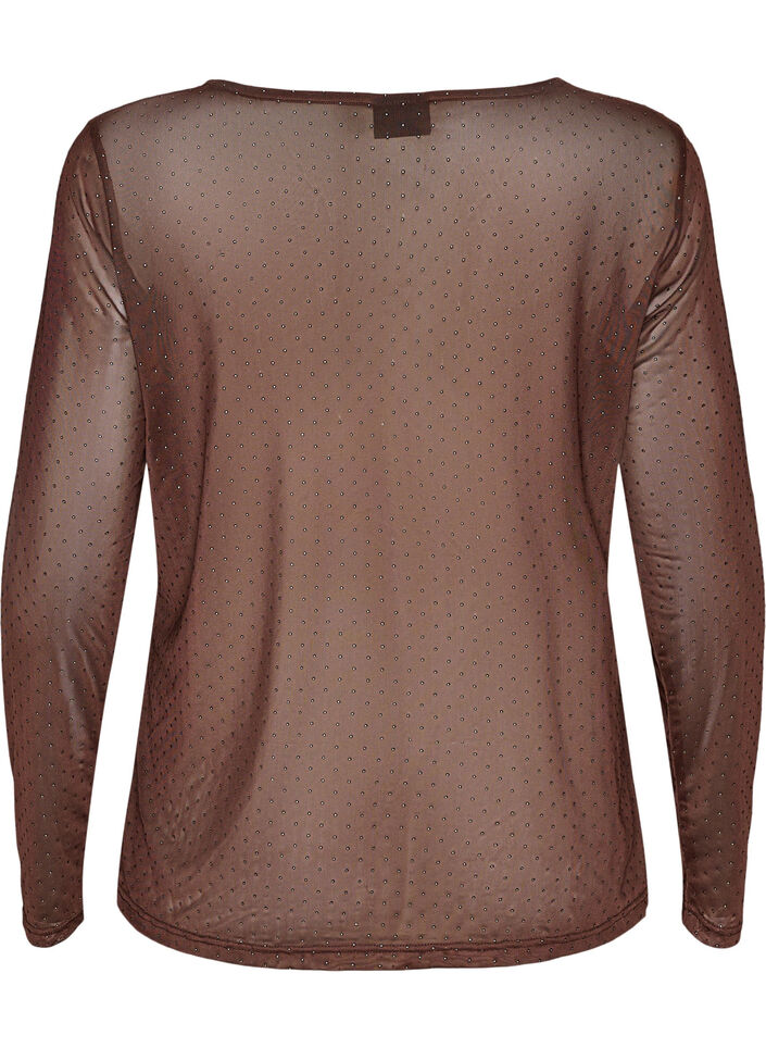 Gjennomsiktig meshbluse med rhinesteiner, Brun, Packshot image number 1