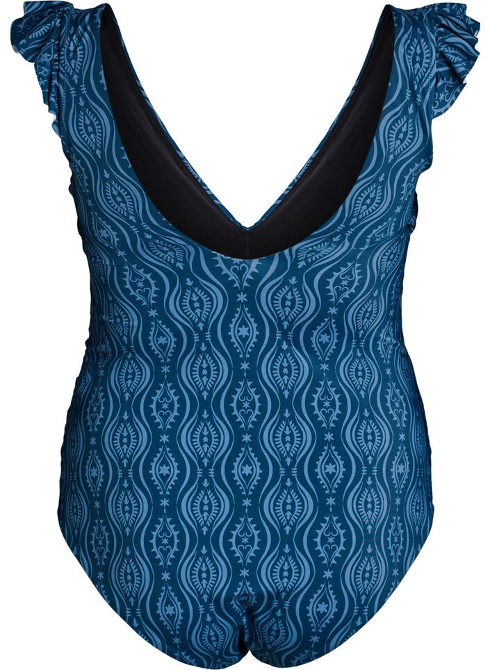 M&oslash;nstret badedrakt med volangdetaljer og draperinger, Bl&aring;, Packshot image number 1