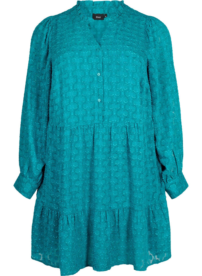 Jacquard kjole med volangkrage, Deep Lake, Packshot image number 0