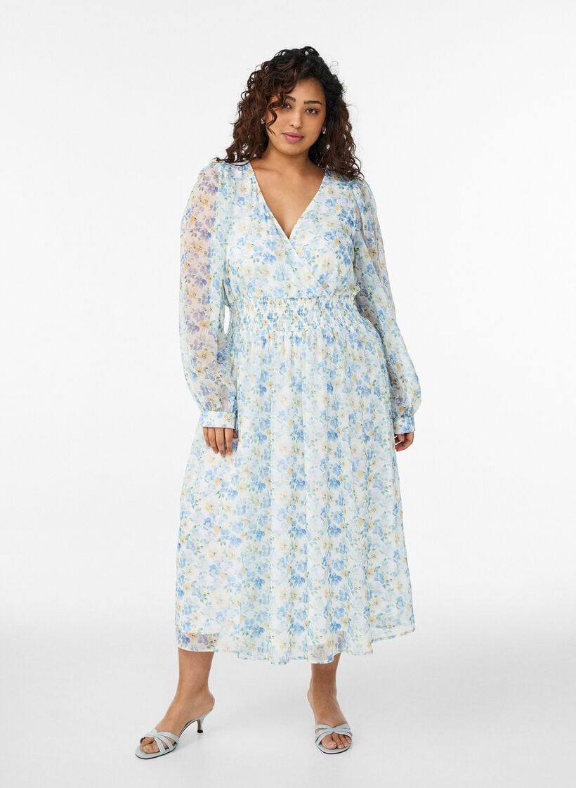 Midi kjole med blomster og omslagseffekt smock, Bl&aring;, Model image number 0