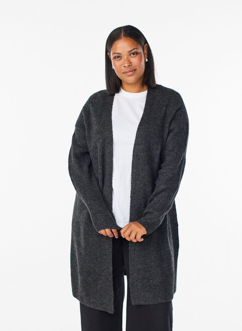FLASH - Lang ribbestrikket cardigan med åpen front, Grå, Model image number 0