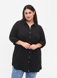 Lang ensfarget skjorte i viskose, Black, Model
