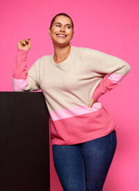 Stripete strikkegenser med rund hals, Hot Pink Comb, Model