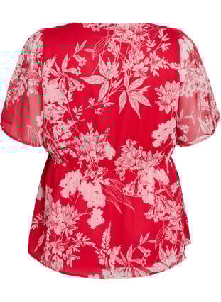 Zizzi Blomstret chiffonbluse med strikk i midjen, Rød, Packshot image number 1