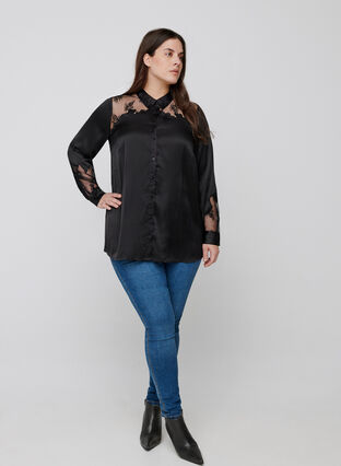 Skjorte med mesh og blonder, Black, Model image number 3